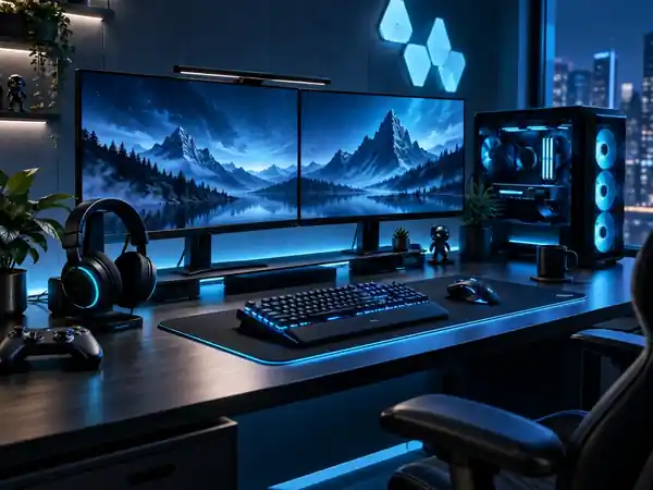 ชุดเกมมิ่งโทนน้ำเงิน จอคู่ คีย์บอร์ด เมาส์ และหูฟัง สำหรับเว็บไซต์ GamerNexa